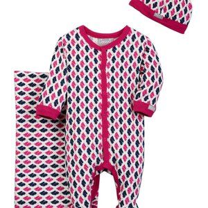 NEW Coccoli Raspberry Foulard Print Footie, Hat & Blanket Set Makes Great Gift